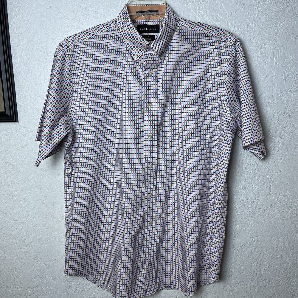 Paul Fredrick Classic Fit Mens Short Sleeve Shirt Size 16 Rainbow Colorful Grid